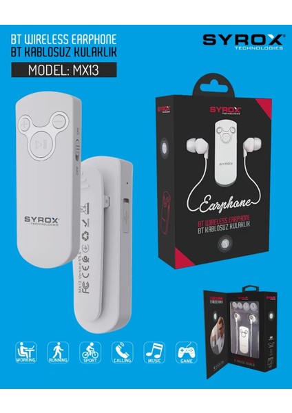 MX13 Bluetooth Kablosuz Kulakiçi Kulaklık SYX-MX13 Beyaz