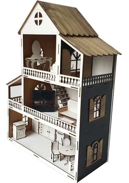 Woodylife Siyah Ev Çocuk Evcilik Oyuncak Montessori Barbi Ev