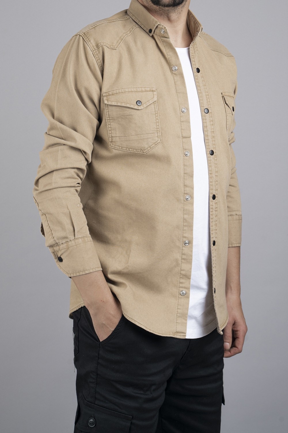 Bombe Slim Fit Erkek Kot Gömlek Bej görsel 2