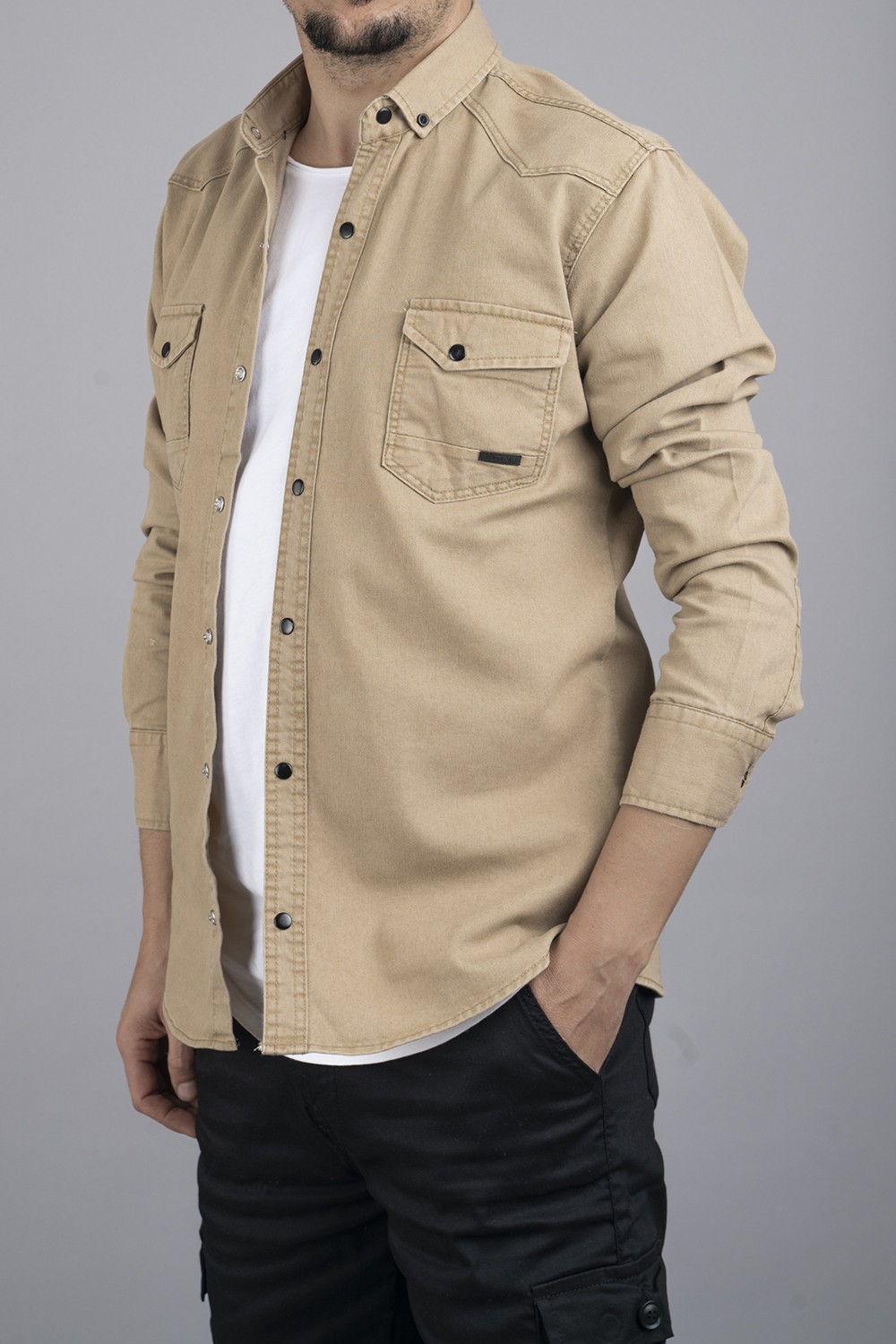 Bombe Slim Fit Erkek Kot Gömlek Bej görsel 3