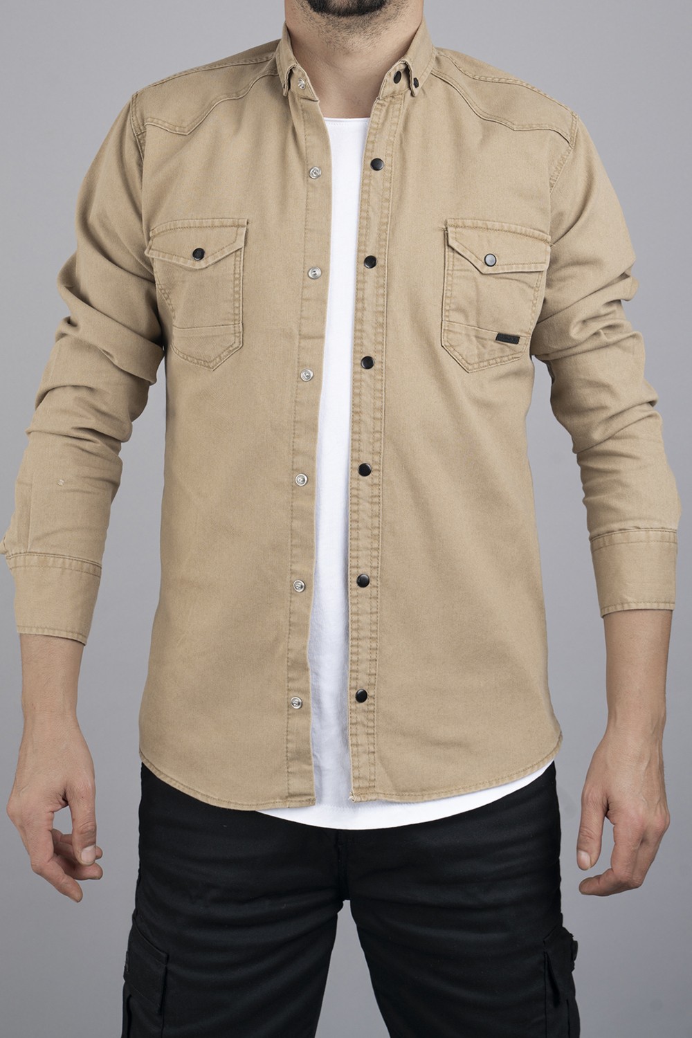 Bombe Slim Fit Erkek Kot Gömlek Bej görsel 4