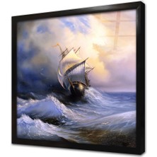 Tablosan Fırtınayla Boğuşan Yelkenli Çerçeveli Cam Tablo