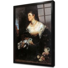 Tablosan Çiçek Tutan Kadın Çerçeveli Cam Tablo