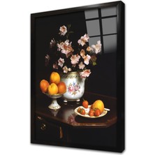 Tablosan Vazoda Çiçekler ve Meyve Tabakları Çerçeveli Cam Tablo