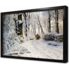Tablosan Kar Yağışı ve At Arabası Çerçeveli Mdf Tablo