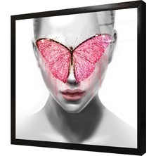 Tablosan Pembe Kelebek ve Kadın Çerçeveli Cam Tablo