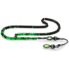 DAVİD BLACK 1000 Ayar Gümüş Kazaz Püsküllü Kesme Kesim Süzme Yeşil-Siyah Ateş Kehribar Tesbih