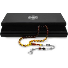 DAVİD BLACK Ayyıldız Kararmaz Metal Püsküllü Arpa Kesim Süzme Bala-Siyah Ateş Kehribar Tesbih