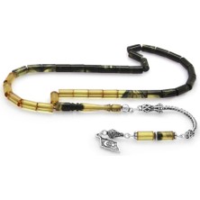 DAVİD BLACK 925 Ayar Gümüş Püsküllü Kesme Kesim Süzme Siyah-Beyaz Ateş Kehribar Tesbih