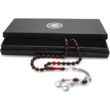 DAVİD BLACK Kararmaz Metal Ayyıldız Püsküllü  Arpa Kesim Kırmızı-Siyah Ateş Kehribar Tesbih