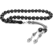 DAVİD BLACK 925 Ayar Gümüş Püsküllü Gümüş Piramit Işlemeli Erzurum Oltu Taşı Tesbih