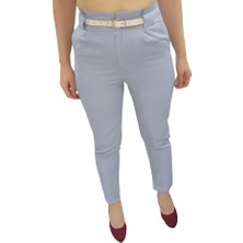 Sateen Mavi Yüksel Bel Dar Paça Kumaş Pantolon