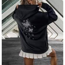 Amor Man Amor Woman Kapüşonlu Tam Fermuarlı Sırt Kelebek Baskılı Oversize Kalın Tam Kışlık Kadın Ceket-Sweatshirt