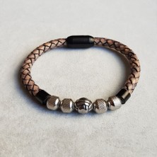Tonstyle TS000711 - Gerçek Deri, Eskitme Top Figürü Yılan Sırtı Desen Açık Kahverengi Deri  El İşi/Tasarım Erkek  Bileklik