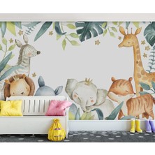 Özel Duvarlar Sevimli Hayvanlar Tropikal Yapraklar Çocuk Odası Duvar Kağıdı