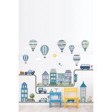 Kt Grup Muhteşem Şehir Taşıtlar Yollar Evler ve Balonlar Mega Duvar Sticker Seti