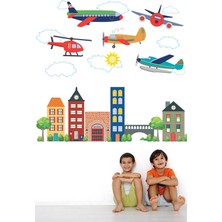 Kt Grup Karikatür Şehir ve Hava Araçları Mega Duvar Sticker Seti