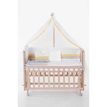 Babycom Anne Yanı Doğal Boyasız Ahşap Kademeli Beşik 70X130 - Tekerlekli + Sarı Biyeli Uyku Seti