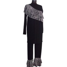 Eflin Kadın Giyim Siyah-Beyaz Zebra Desenli Valonlu Tam Kapalı Tesettür Mayo Büyük Beden