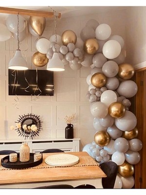 Trend Hediye Sepeti Krom Gold Pastel Gri Beyaz Balon 100 Adet ve 5 M Balon Zinciri