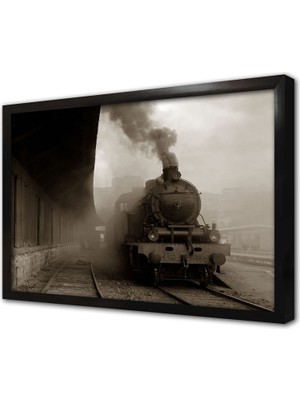 Tablosan Hareket Eden Buharlı Tren Çerçeveli Mdf Tablo