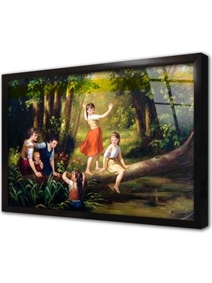 Tablosan Ormanda Çocuklar Çerçeveli Cam Tablo