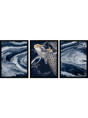 Tablosan Mavi Soyut ve Tavus Kuşu Üçlü Set Çerçeveli Cam Tablo