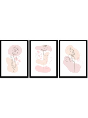 Tablosan Line Art Çiçekler Üçlü Set Çerçeveli Cam Tablo