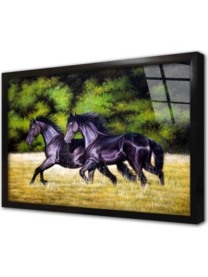 Tablosan Koşan Ikili Siyah At Çerçeveli Cam Tablo