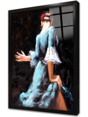 Tablosan Mavi Giymiş Dansçı Kadın Çerçeveli Cam Tablo
