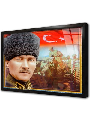 Tablosan Kalpaklı Atatürk ve Türk Bayrağı Çerçeveli Cam Tablo