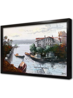 Tablosan Istanbul Beyaz Yalı ve Tekneler Çerçeveli Cam Tablo