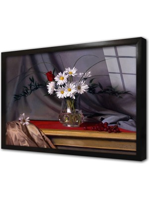 Tablosan Vazoda Çiçekler Çerçeveli Cam Tablo