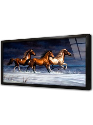 Tablosan Kahvrengi Koşan Atlar Çerçeveli Cam Tablo