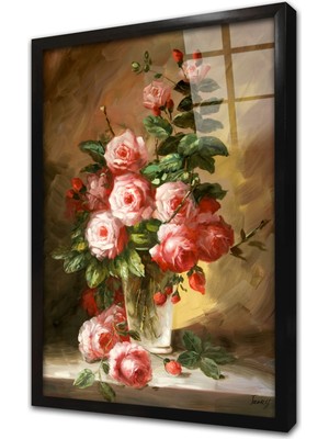Tablosan Vazoda Güller Çerçeveli Cam Tablo