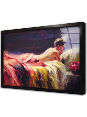 Tablosan Uzanan Kadın Çerçeveli Cam Tablo