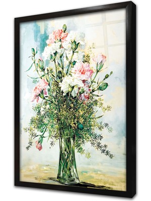 Tablosan Vazoda Çiçekler Çerçeveli Cam Tablo