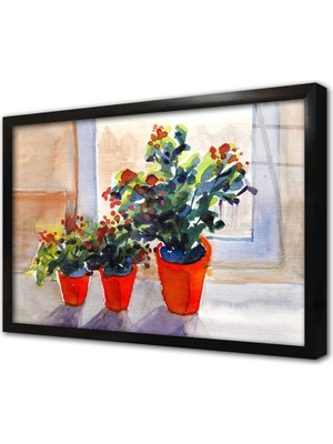 Tablosan Saksılarda Çiçekler Çerçeveli Cam Tablo