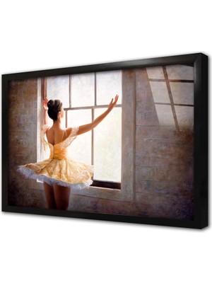 Tablosan Sarı Kıyafet Giymiş Balerin Kadın Çerçeveli Cam Tablo