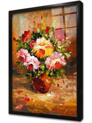 Tablosan Vazoda Güller Çerçeveli Cam Tablo