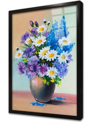 Tablosan Vazoda Papatyalar Çerçeveli Cam Tablo