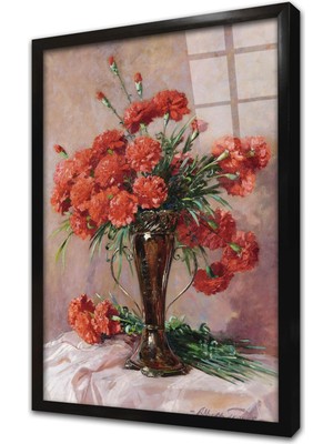 Tablosan Vazoda Çiçekler Çerçeveli Cam Tablo
