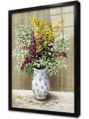 Tablosan Vazoda Çiçekler Çerçeveli Cam Tablo