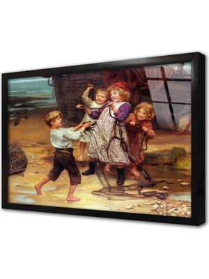 Tablosan Yengeç Yakalamış Çocuklar Çerçeveli Cam Tablo