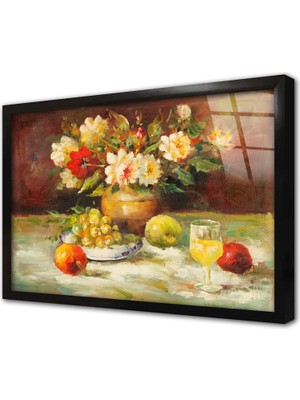 Tablosan Vazoda Çiçekler Çerçeveli Cam Tablo