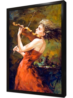 Tablosan Kırmızı Giymiş Keman Çalan Kadın Çerçeveli Mdf Tablo