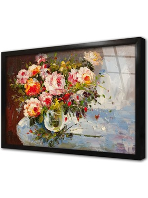 Tablosan Vazoda Güller Çerçeveli Cam Tablo