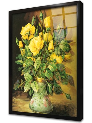 Tablosan Vazoda Sarı Güller Çerçeveli Cam Tablo