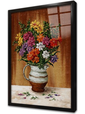 Tablosan Vazoda Çiçekler Çerçeveli Cam Tablo