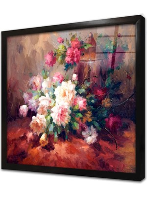 Tablosan Vazoda Çiçekler Çerçeveli Cam Tablo